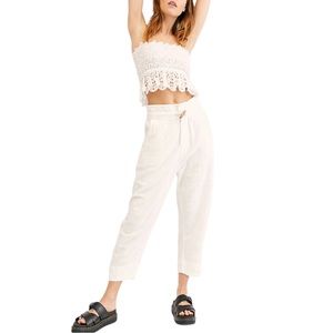 Free People Linen Cotton Blend Off White Cropped High Waist Trousers Pants XS